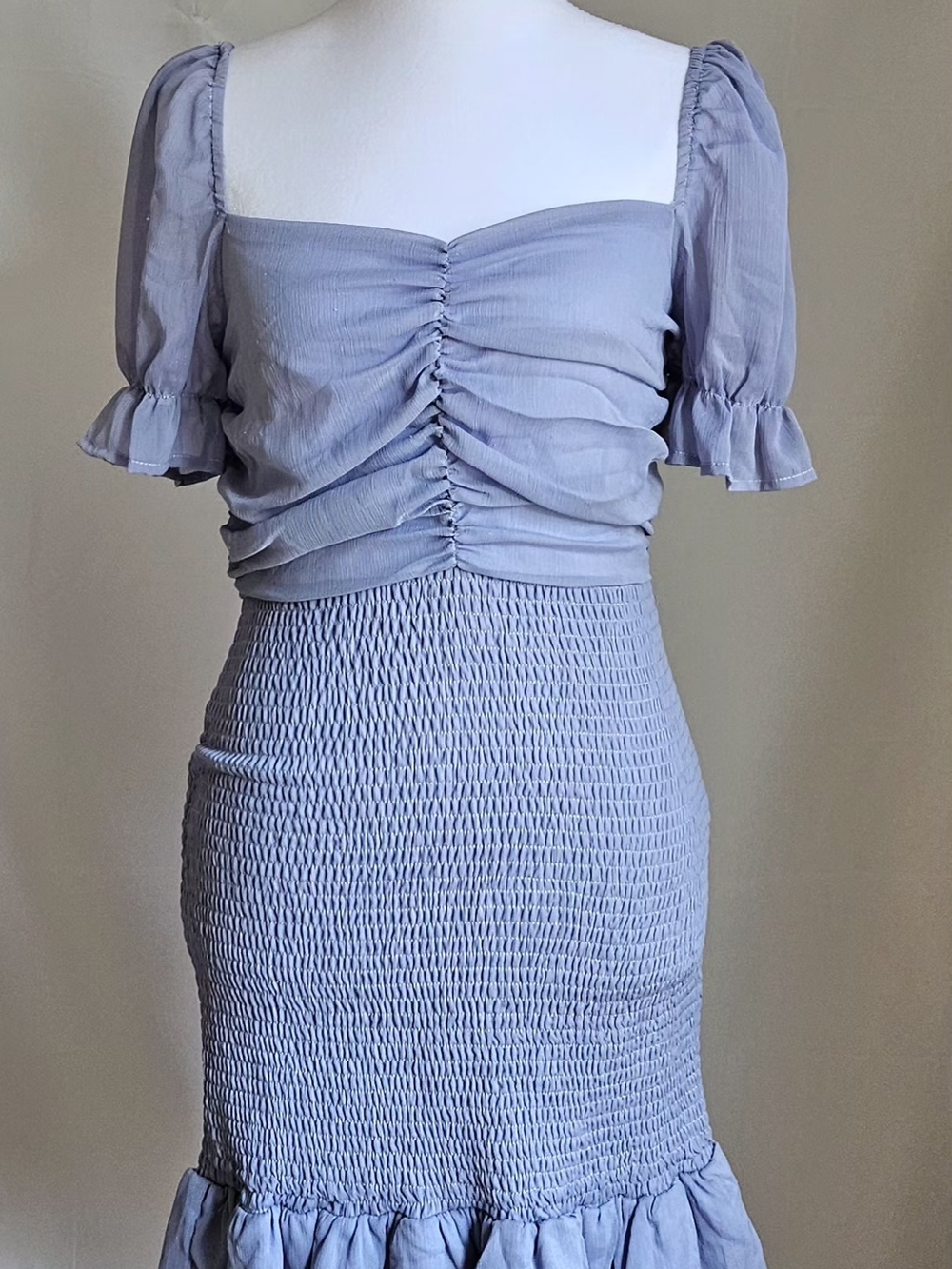SHE + SKY Periwinkle Blue Smocked Bodycon Mini Dress Chiffon Ruched Bust Size S - Picture 2 of 15